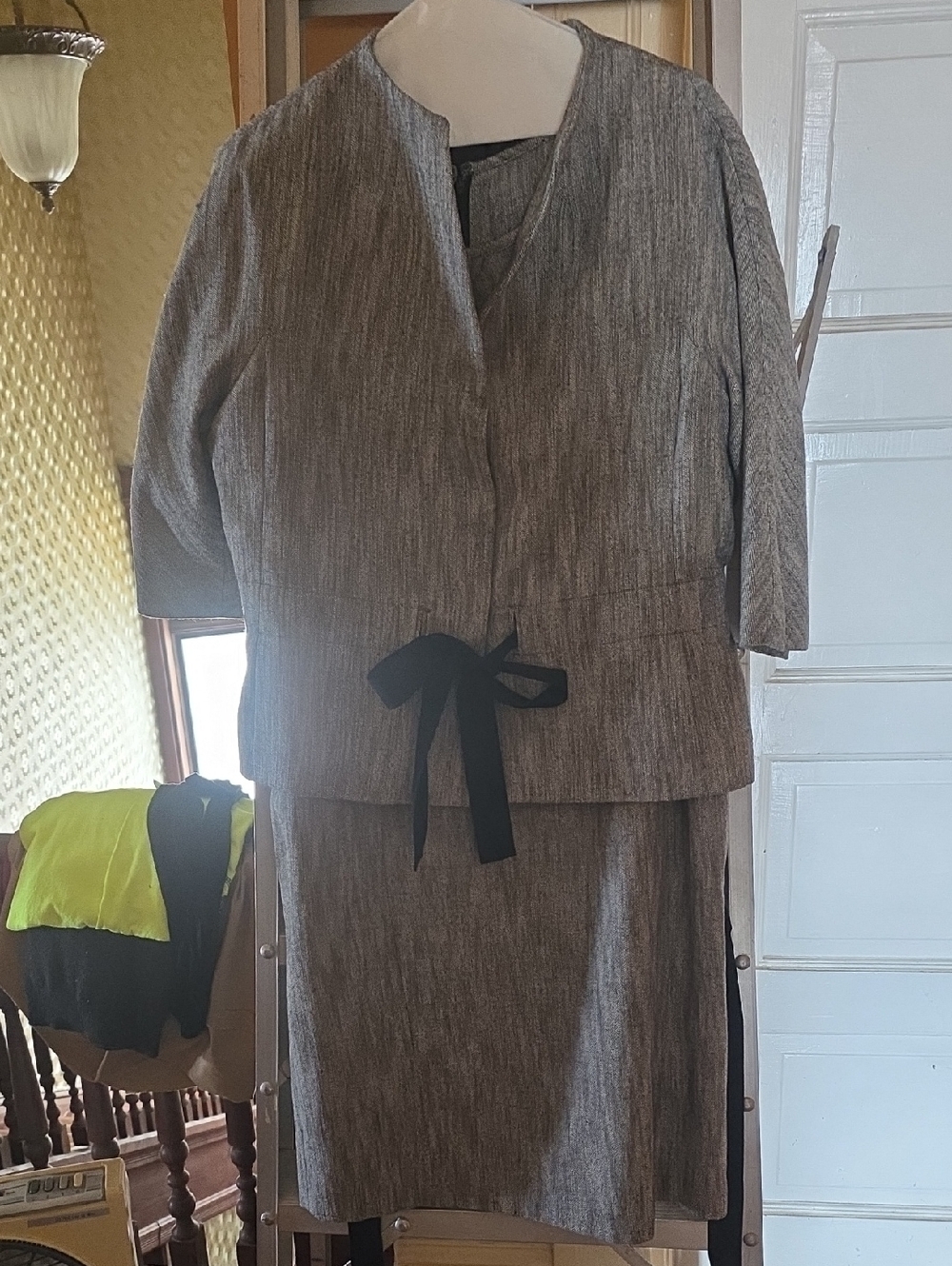 Talbots Gray Pencil Dress Suit with Black Waist Tie